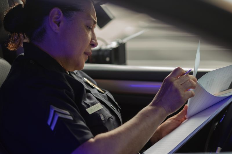 a police officer looking at a driving record